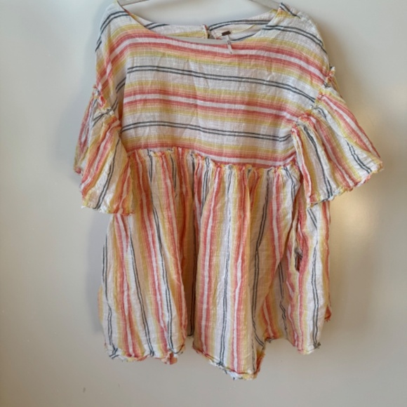 FREE PEOPLE Summer Nights Linen Striped Mini Dress Cream Orange M - Picture 4 of 6